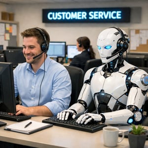 Human and Robot at Customer Service Desk