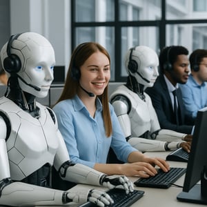 Knstliche Agenten sitzen gemeinsam mit Menschen in einem Call Center