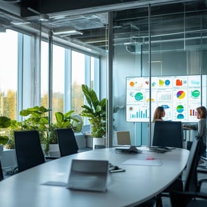 The image depicts a sleek, modern office space with large windows allowing natural light to flood the room