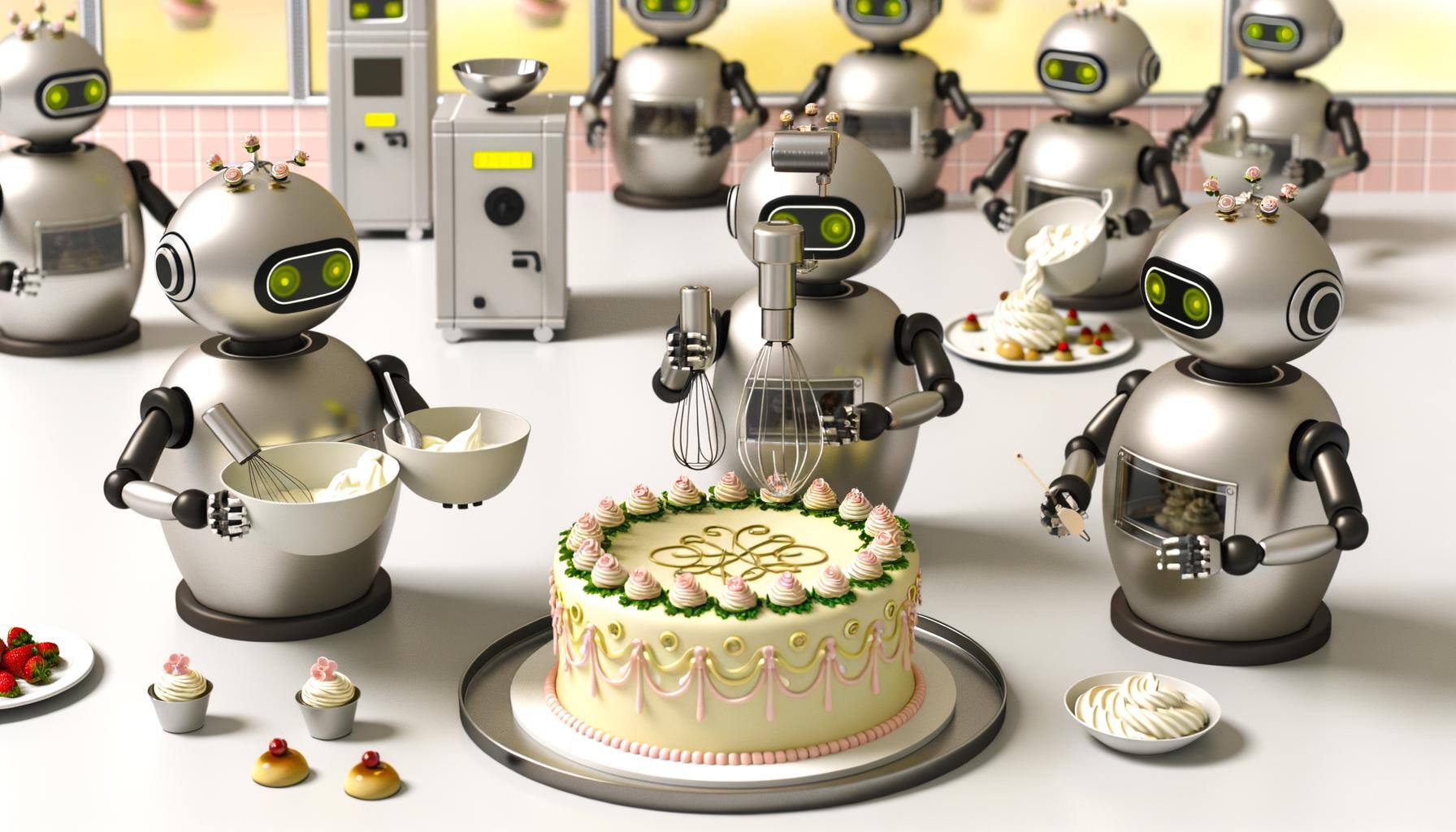cute robots cooking dessert in restaurant kitchen room