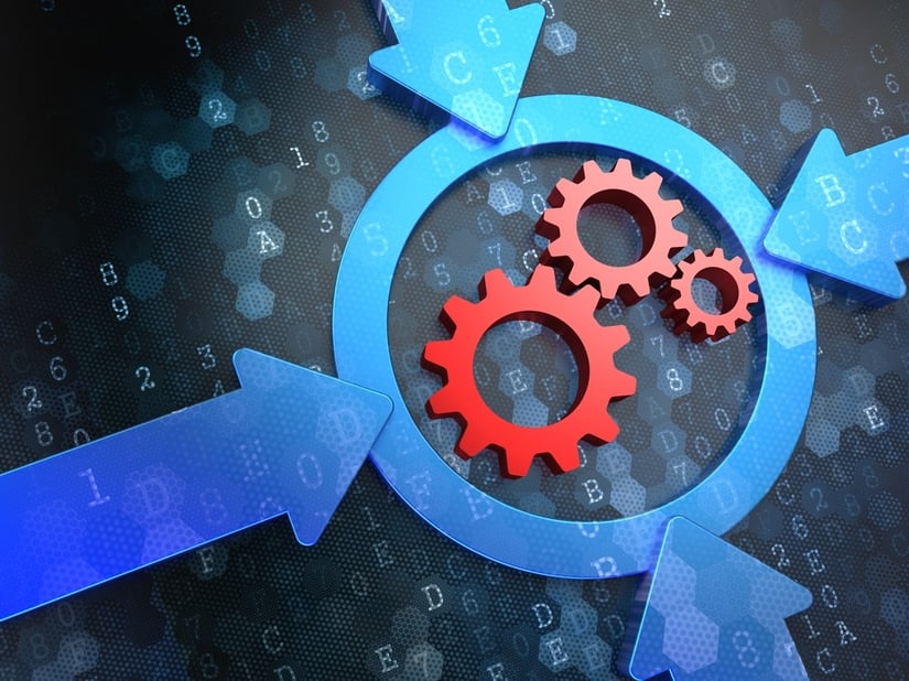 Cogwheel Gear Mechanism Icon Inside the Target on Digital Background. Business Concept.-2 Cogwheel Gear Mechanism Icon Inside the Target on Digital Background. Business Concept.-2