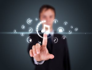 Businessman pressing multimedia type of modern buttons with virtual background