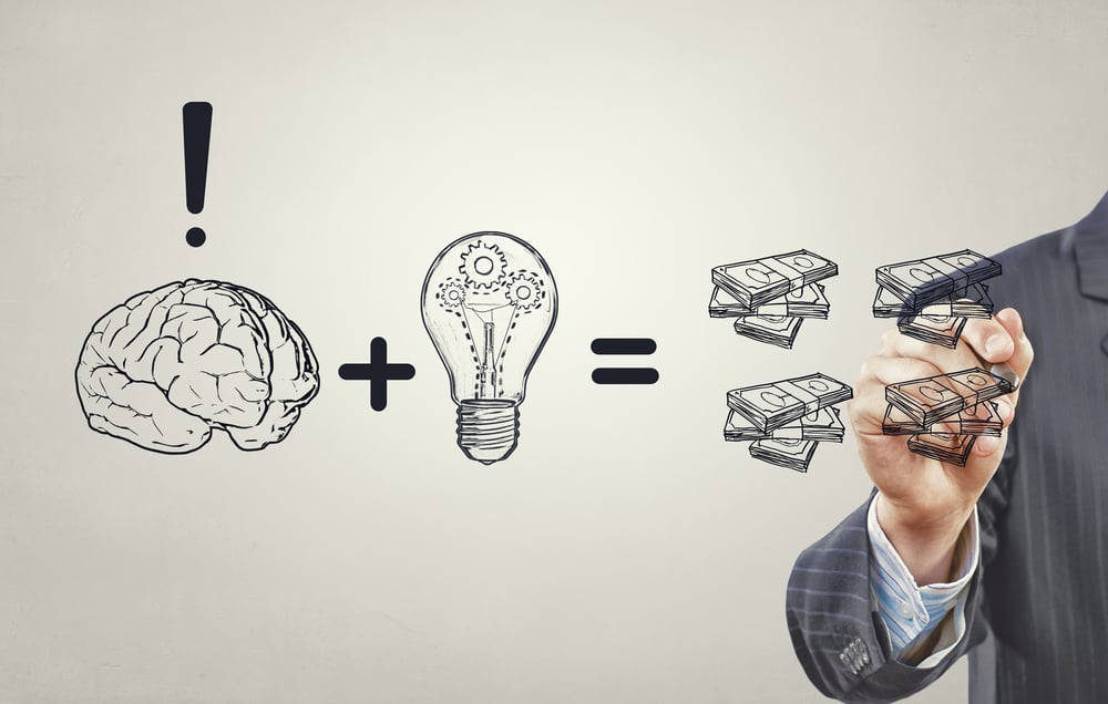 Close up of businessman drawing money making formula Close up of businessman drawing money making formula